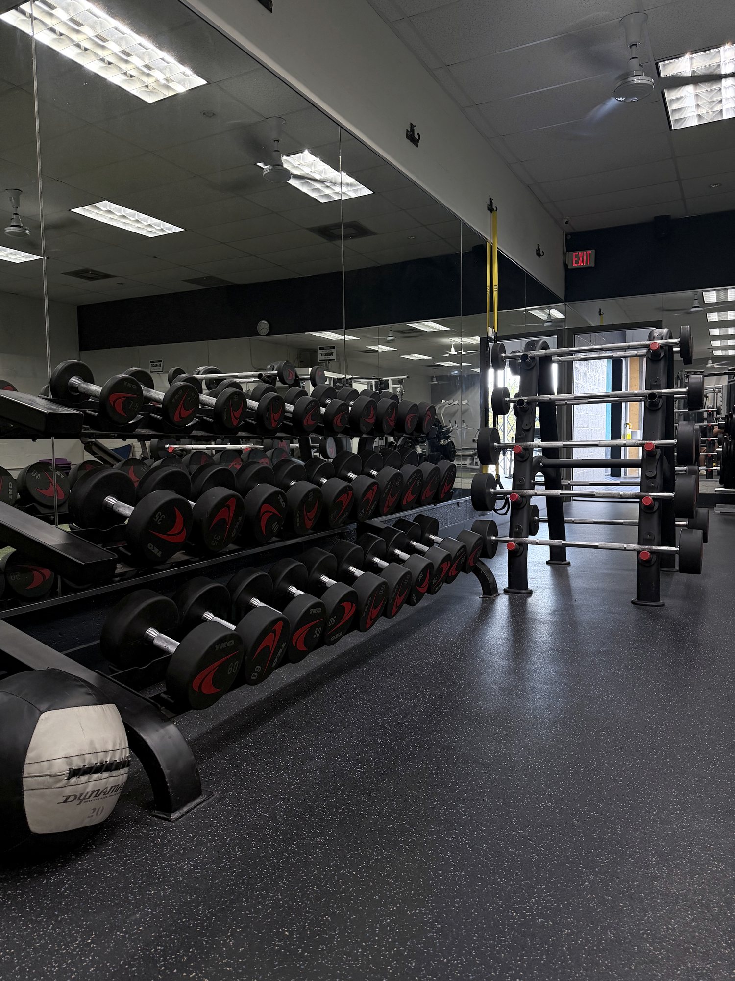 Dumbbell racks and a barbell rack in front of the mirrors